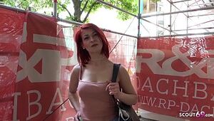 GERMAN SCOUT - Rothaarige Studentin Jenny bei Strassen Casting fuer Geld gefickt